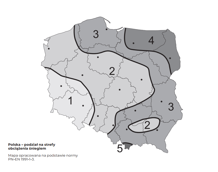 Obraz przedstawia mape Polski podzielona na 5 stref obciążenia śniegowego