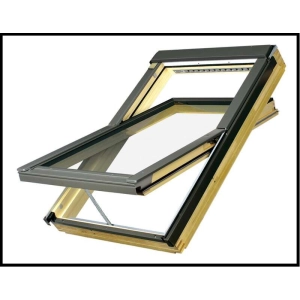 Okno dachowe drewniane FAKRO FTP-V P50 sterowane Z-Wave Solar – drewno naturalne, Czarny RAL 9005