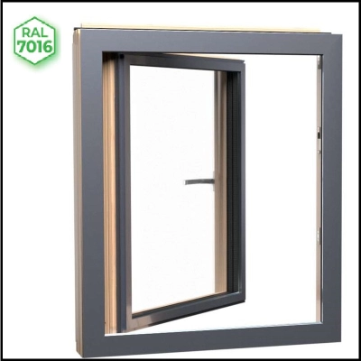 Okno kolankowe drewniane FAKRO BRP P50 – prawe, naturalne drewno, czarny RAL 9005