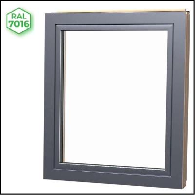 Okno kolankowe drewniane FAKRO BXP P50 – stałe, naturalne drewno, antracyt RAL 7016