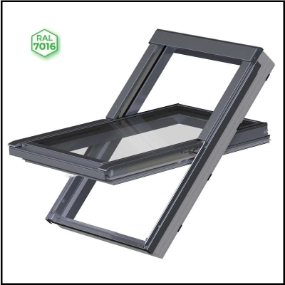 Okno dachowe PVC FAKRO PTP-X P50 – okleina antracyt, bez nawiewnika, oblachowanie RAL 7022