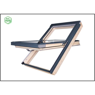 Okno dachowe obrotowe FAKRO FTP-X L41 – drewno naturalne, Czarny RAL 9005