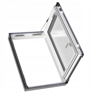 Okno aluminiowo tworzywowe trzyszybowe wyłazowe FAKRO PWP P50 w kolorze białym rozmiar 66x118 RAL 7016