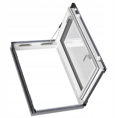 Okno aluminiowo tworzywowe trzyszybowe wyłazowe FAKRO PWP P50 w kolorze białym rozmiar 94x98 RAL 7016